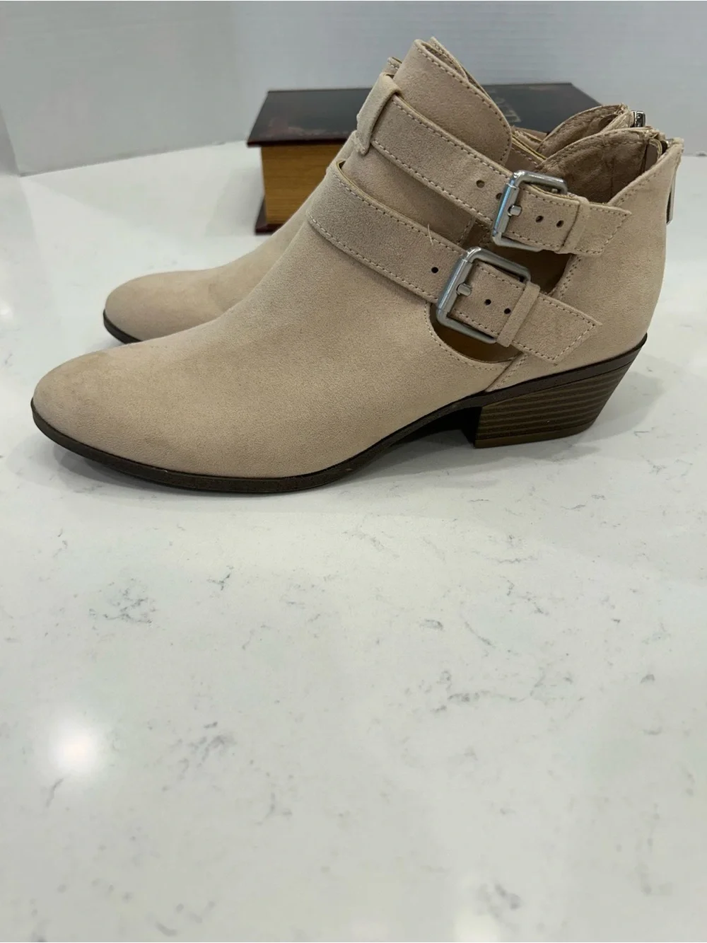 Francesca's Collections Beige Suede Double-Buckle Ankle Booties
